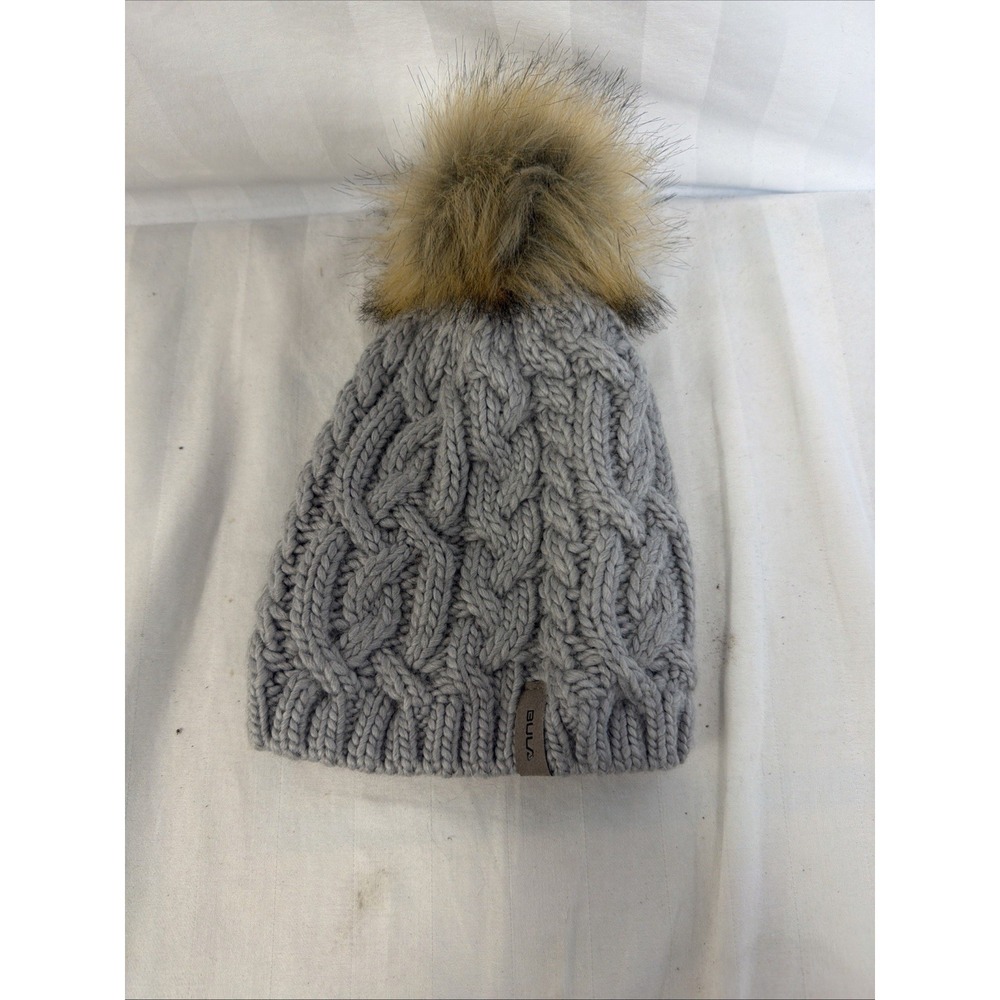 Bula Gray Knit Faux Fur Pom Lined‎ Beanie Wool Blend Hat